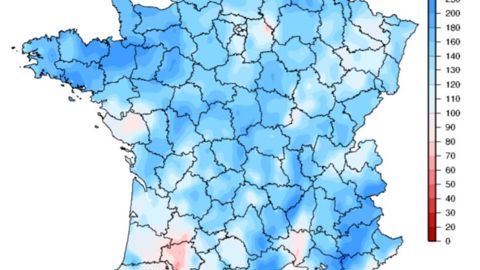 Rapport à la normale 1981-2010 du cumul des précipitations en octobre 2019. © Météo-France Rapport à la normale 1981-2010 du cumul des précipitations en octobre 2019. © Météo-France